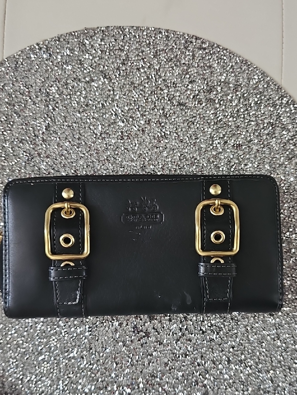 Coach Black Leather Wallet with Gold Buckle Accents